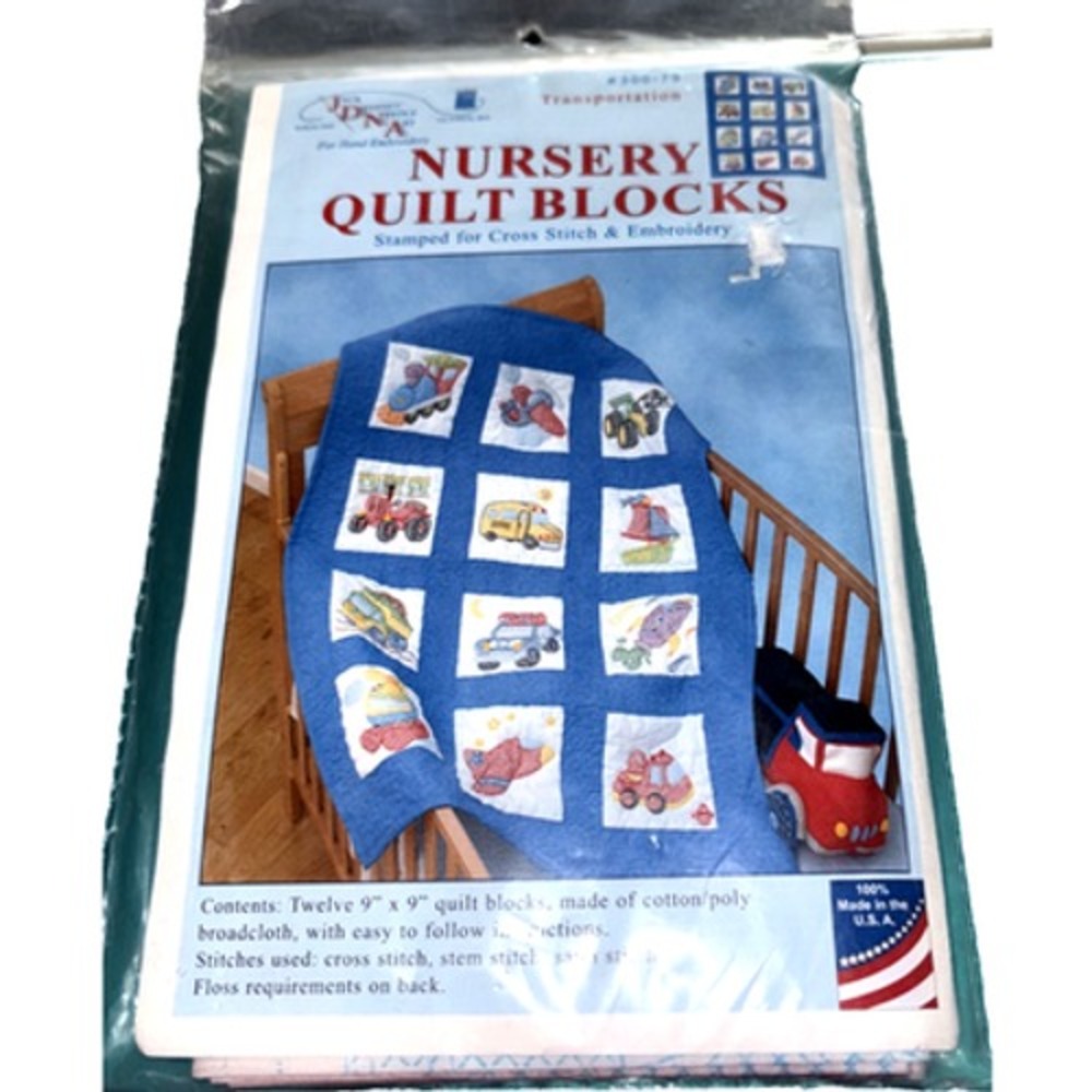Jack Dempsey stamped white nursery quilt blocks 9" x 9" transportation theme